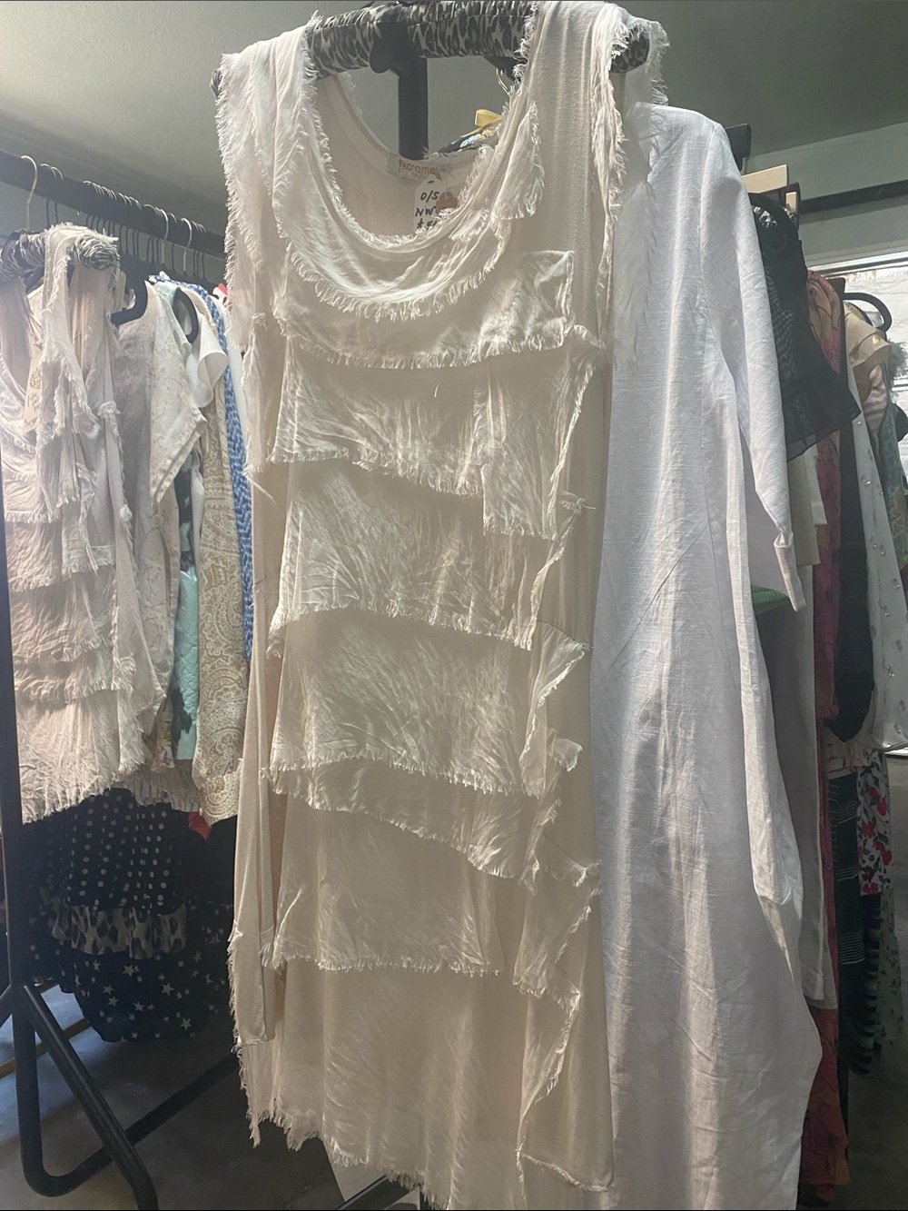 NWT Light Cream Tiered Viscose Fringe Midi Dress - 0/S